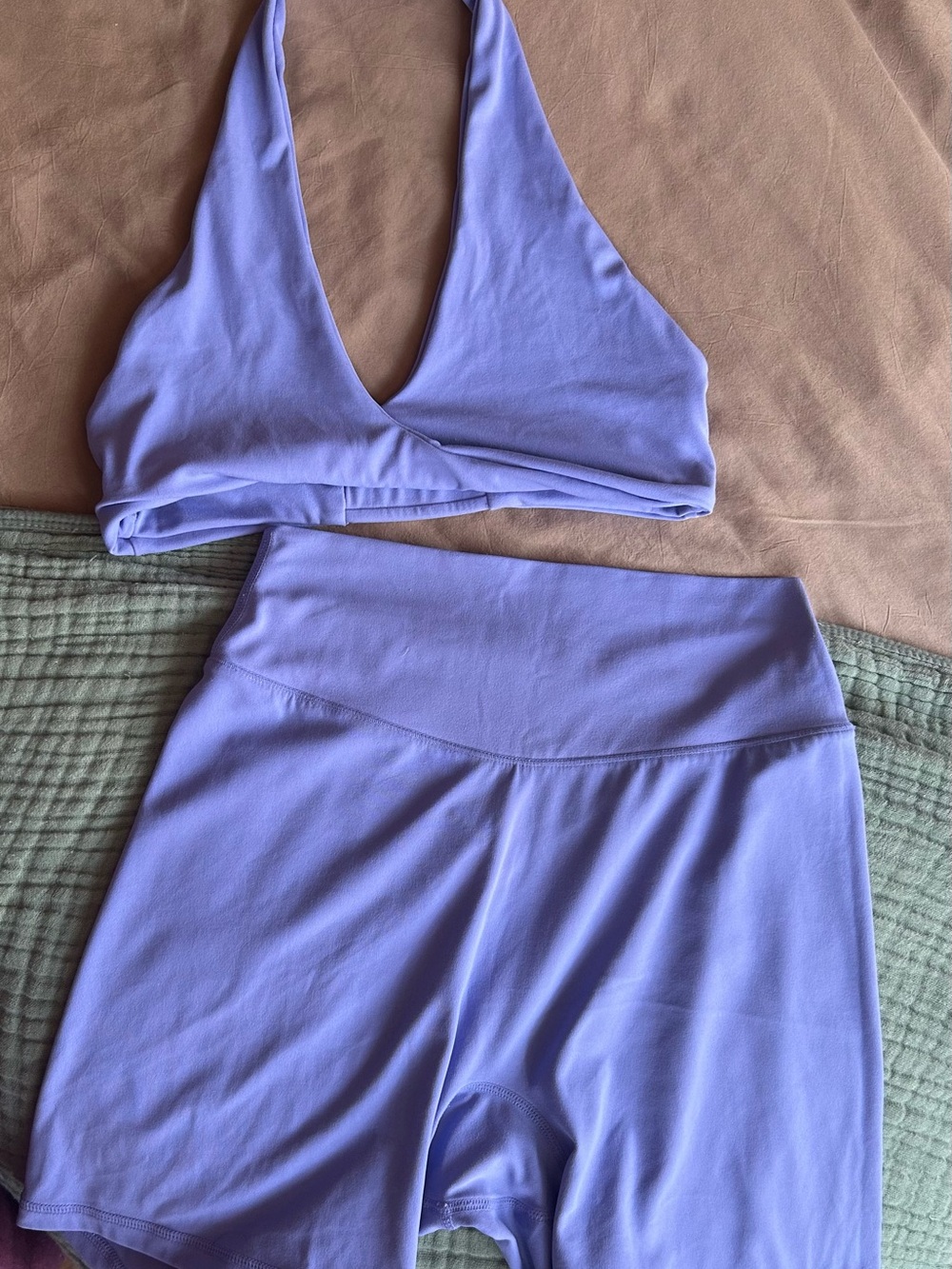 Lavender V-Neck Low-Impact Sports Bralette and High-Waist Shorts Set